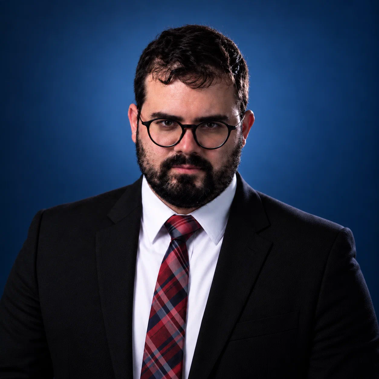 Retrato profissional de Leonardo Athayde: terno preto, camisa branca e gravata xadrez vermelha e azul, sobre fundo azul em degradê