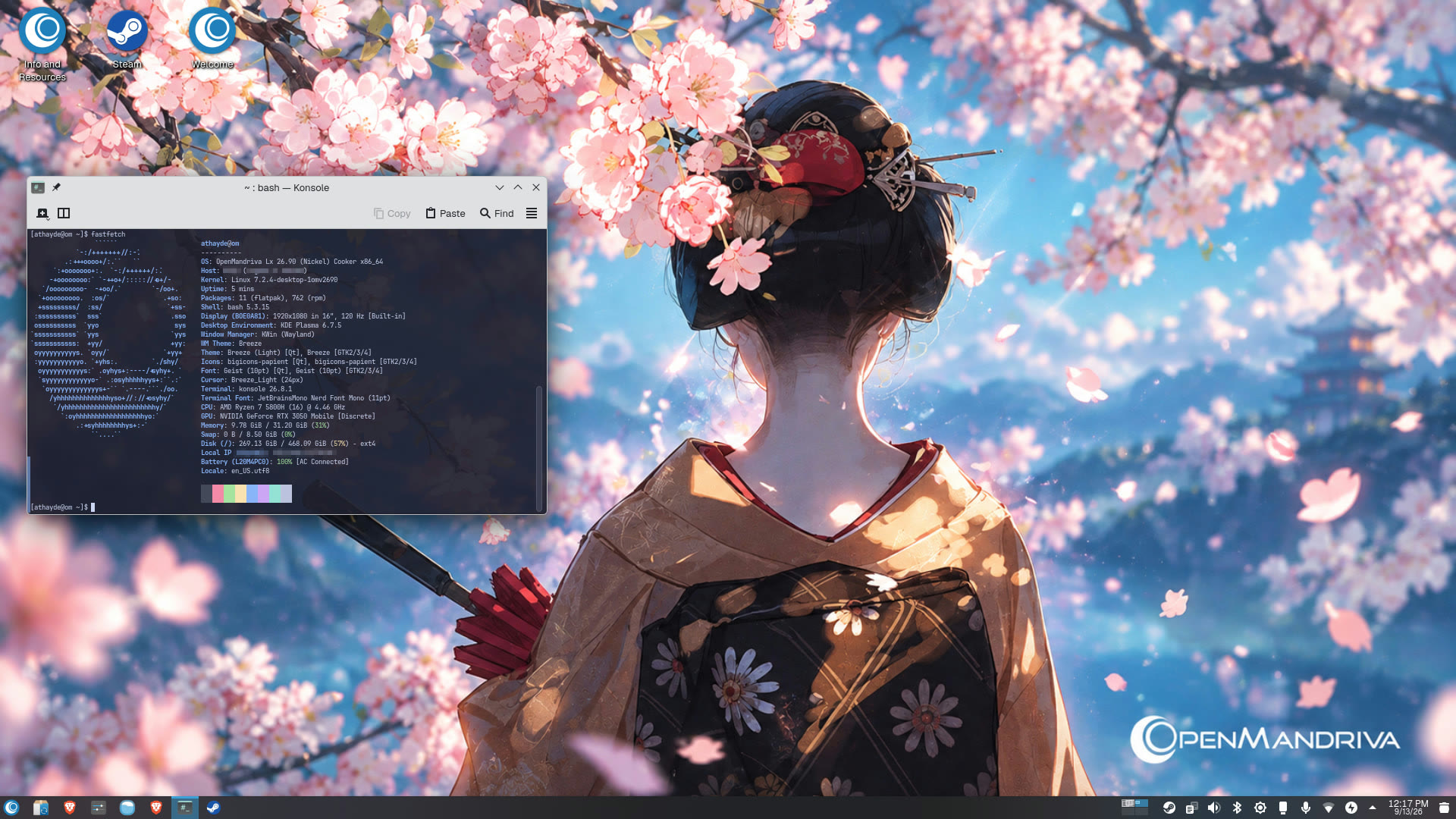 Desktop KDE Plasma do OpenMandriva Cooker com terminal mostrando informações do sistema sobre um wallpaper de cerejeiras